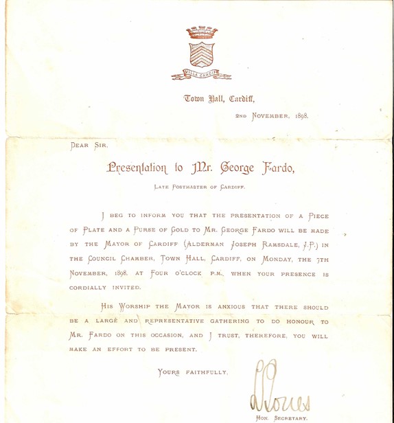 Presentation letter to George Fardo, 1898